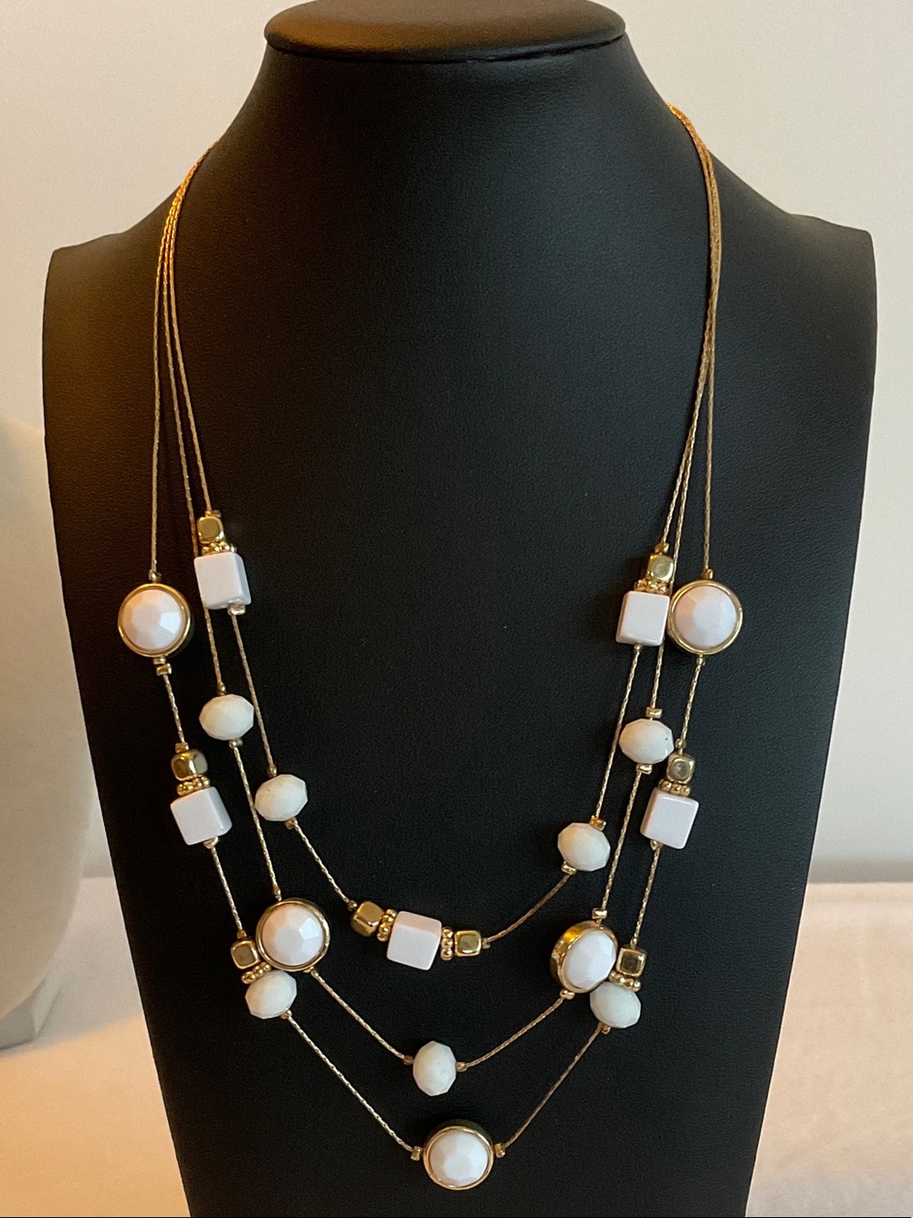 NY Multi-Strand Gold and White Beaded Necklace
